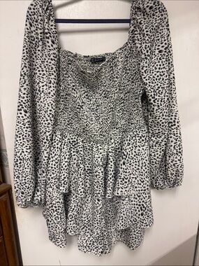 Smocked Tiered Long-Sleeve Mini Dress in Black & White
